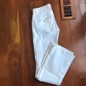 BEBE WHITE CRYSTAL EMBELLISHED DISTRESSED JEANS